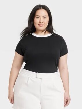 A New Day Black Ribbed Basic Short Sleeve Tee with White Trim
